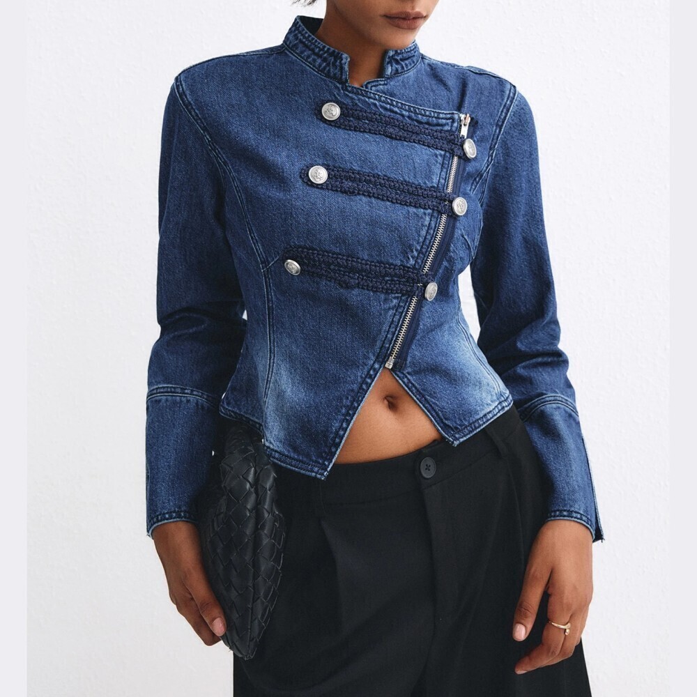 Blue Denim Military Button Asymmetric Zip Front Stand Collar Crop Jacket
